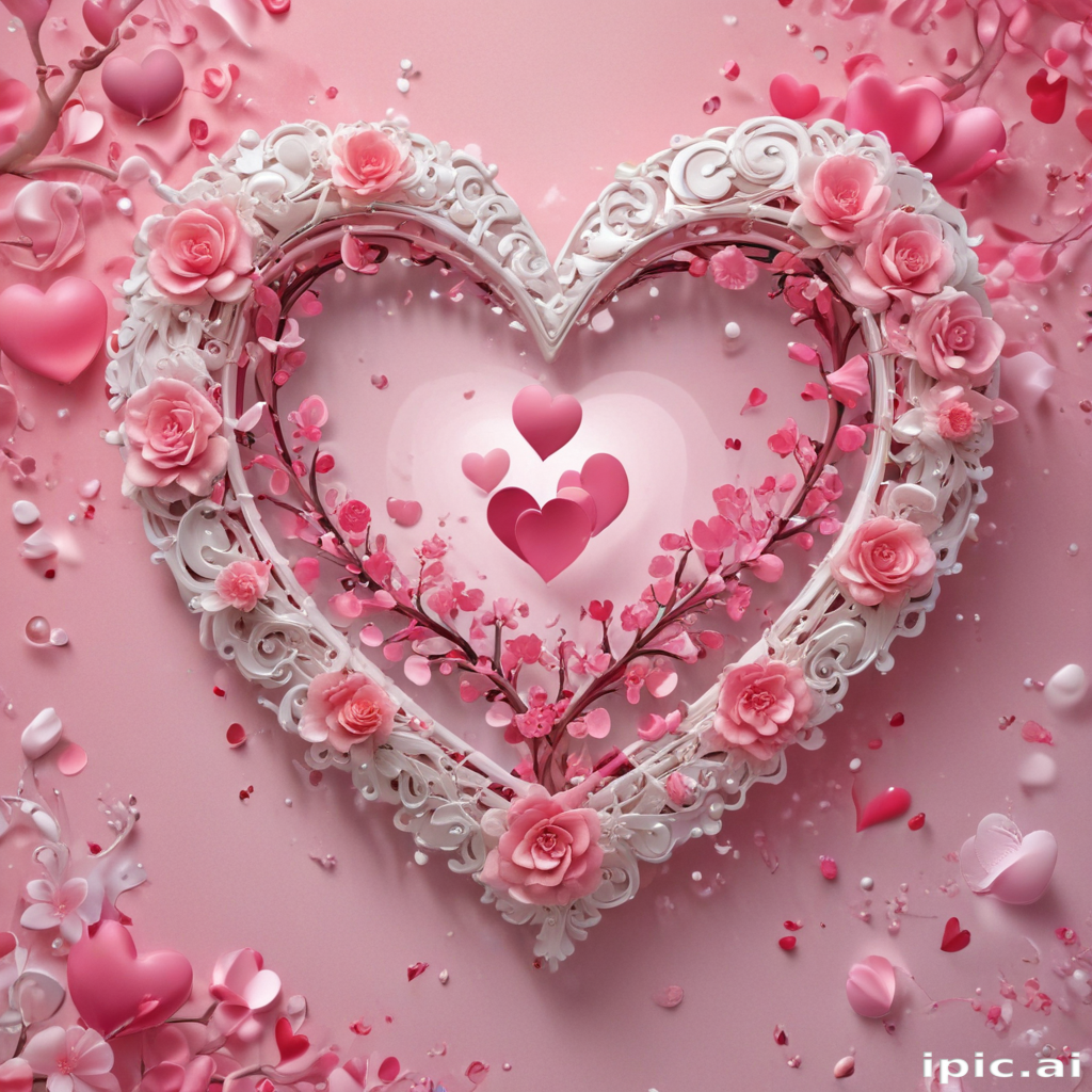 Beautiful Pink Heart Frame Adorned with Flowers and Floating Hearts