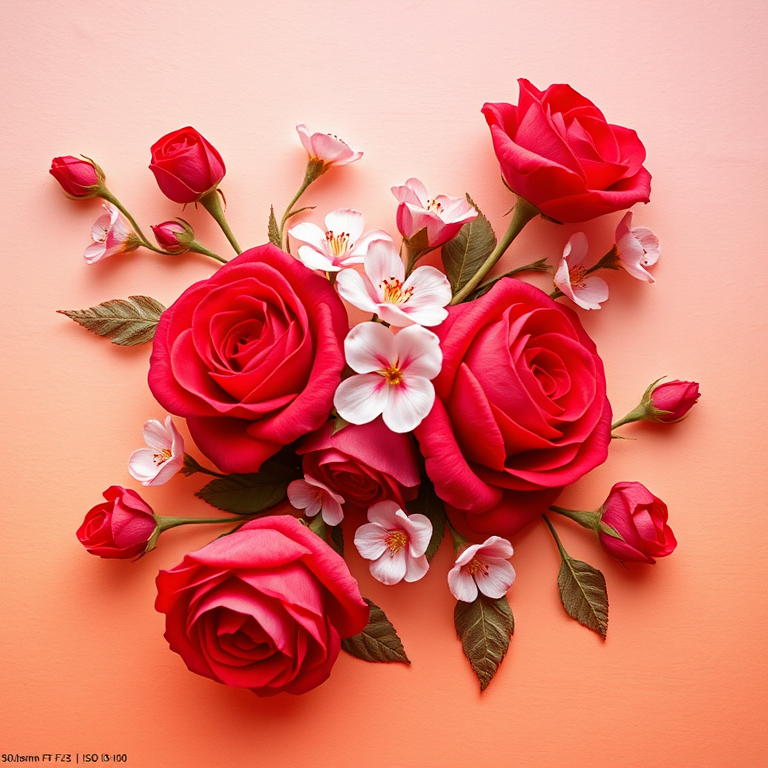 generate a repeating floral pattern with vibrant red roses and soft pink blossoms on a textured gradient background transitioning from orange to pink, high resolution, 50mm lens, f/2.8 aperture, ISO 100, top-down view, DSLR camera style