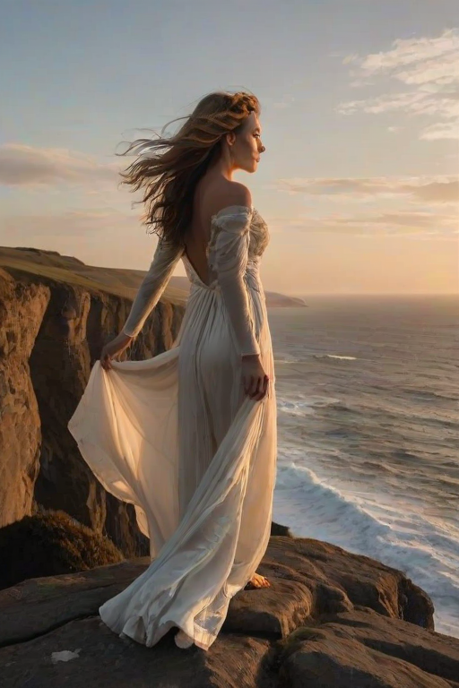 Sunset at a cliff's edge, with crashing waves below, a woman in a flowing gown stands at the precipice, her hair blowing in the wind as she gazes out to the horizon.