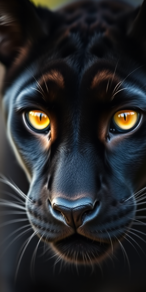 Close-up portrait of a black panther with intense golden eyes, shallow depth of field, 85mm lens, aperture f/1.8, ISO 100, natural lighting, shot in RAW format for enhanced detail and color depth.