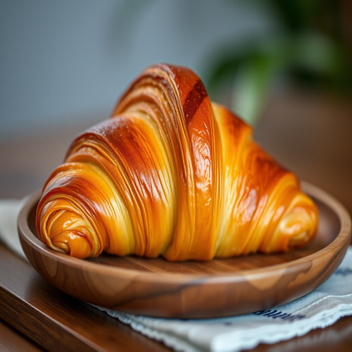 close-up shot of a golden brown croissant on a wooden plate, aperture f/2.8, shutter speed 1/60s, ISO 100, 50mm lens, natural light, shallow depth of field, DSLR camera