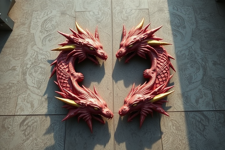 Create a high-resolution image of four stylized dragon heads in a circular arrangement, using a DSLR camera with a 50mm lens, f/2.8 aperture, ISO 100, shot from an overhead view with soft natural lighting.