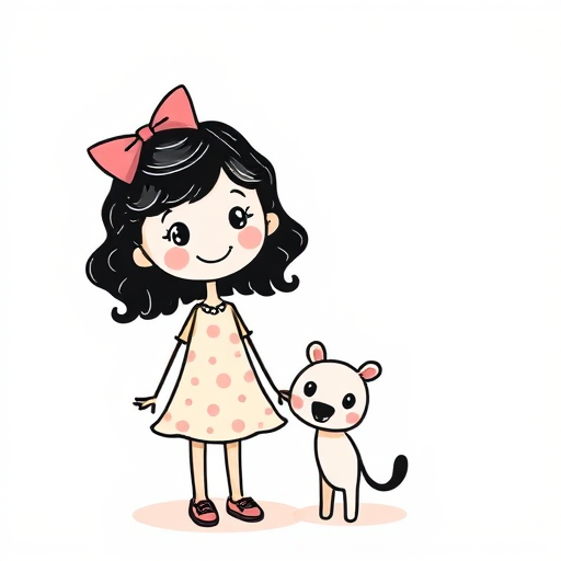 Create a digital illustration of a cheerful stick figure girl with curly hair and bows, wearing a patterned dress, standing next to a small animal, with a soft pastel background and wavy lines, using a high-resolution setting, 50mm lens, f/2.8 aperture, and a soft focus effect.