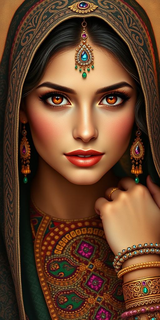 Create a portrait of a beautiful Middle Eastern woman with striking red eyes and a gentle expression. She is adorned in traditional attire with intricate patterns, including a richly embroidered headscarf and matching garments. Her jewelry includes a delicate headpiece, dangling earrings, and ornate bracelets, all featuring vibrant gemstones and detailed metalwork. The background is soft and warm, enhancing the rich colors of her outfit and jewelry.