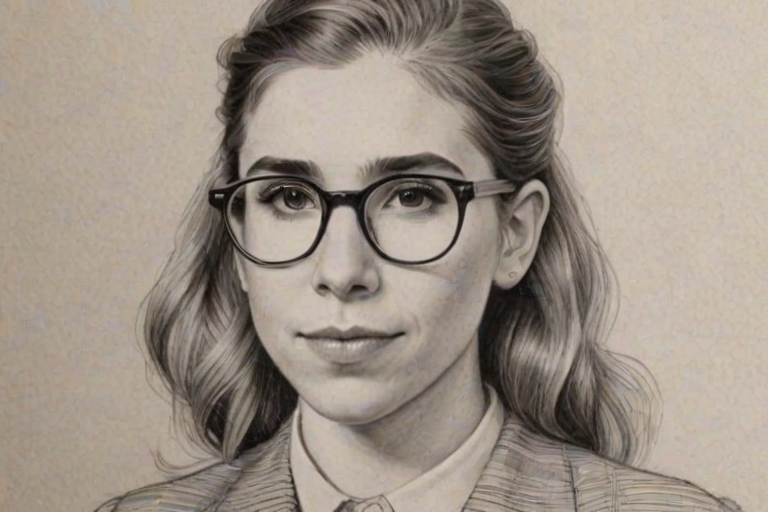 Superb Zosia Mamet, pencil sketch, portrait of Delightful woman 1937s in glasses, hair style beatnik, outline, clear lines, fine lines, 8k