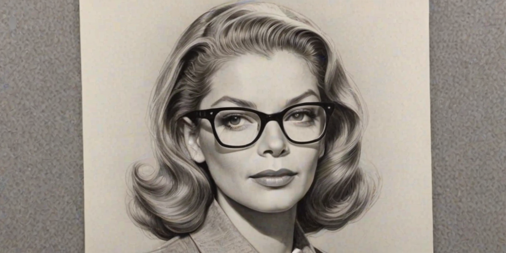 Superb Lauren Bacall, pencil sketch, portrait of Bewitching woman 1966s in glasses, hair style beatnik, outline, clear lines, fine lines, 8k
