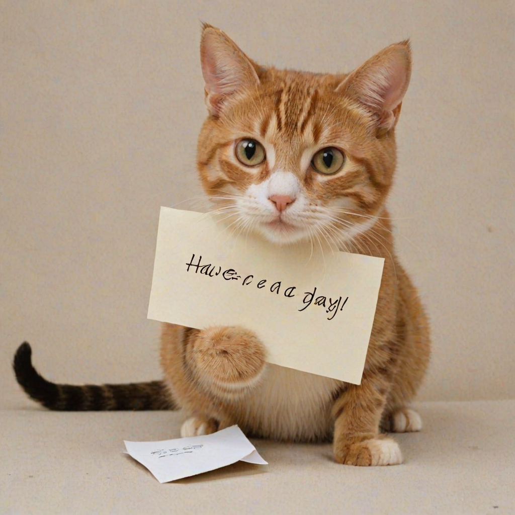 cat holding a note which says "Have a mice day!"