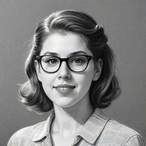 Lovely Eden Sher, pencil sketch, portrait of Charming woman 1951s in glasses, hair style beatnik, outline, clear lines, fine lines, 8k