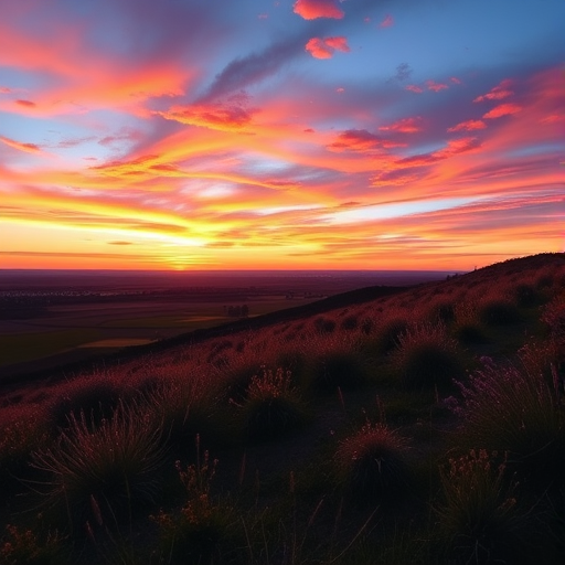 Generate a high-resolution image of a serene landscape at sunset with vibrant colors, using a DSLR camera with a 50mm lens, ISO 100, aperture f/1.8, shutter speed 1/125s, shot from a low angle to capture the foreground details and wide view of the horizon.