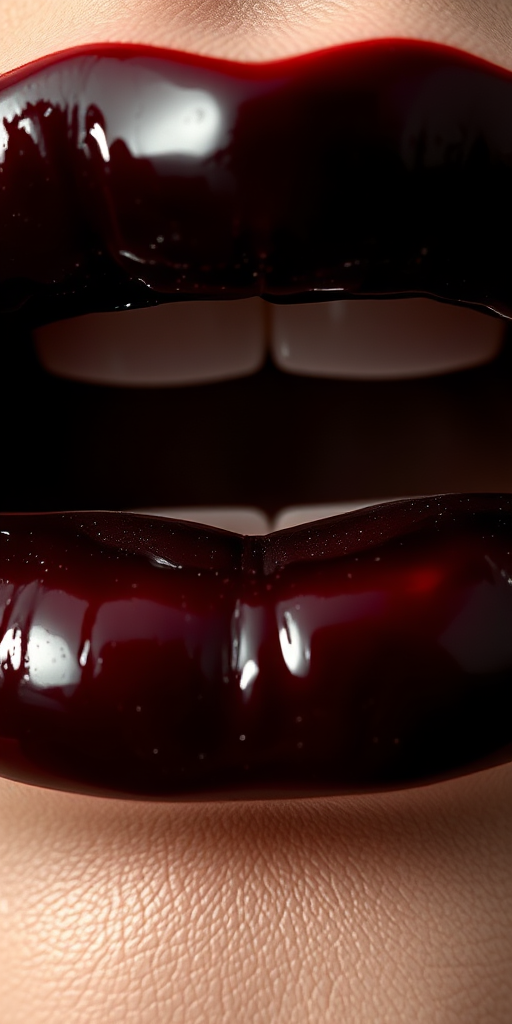 Intriguing close-up of black cherry lips with a glossy finish, emphasizing deep, rich color and reflective properties in contrasting light
