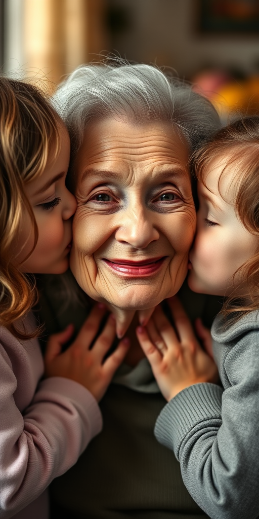portrait of an elderly woman surrounded by two young girls kissing her cheeks, warm and tender atmosphere, soft lighting, shallow depth of field, 35mm lens, f/2.8 aperture, ISO 100, natural light, high-resolution image
