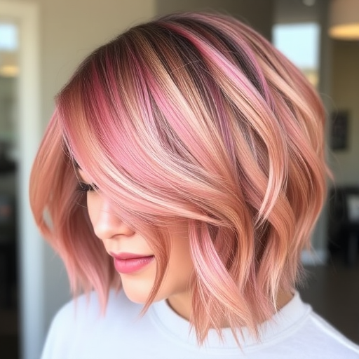 Radiant Rose Gold Coif exhibits a warm, metallic sheen in a fashionable asymmetrical bob, with soft pink undertones and expertly styled waves framing the face