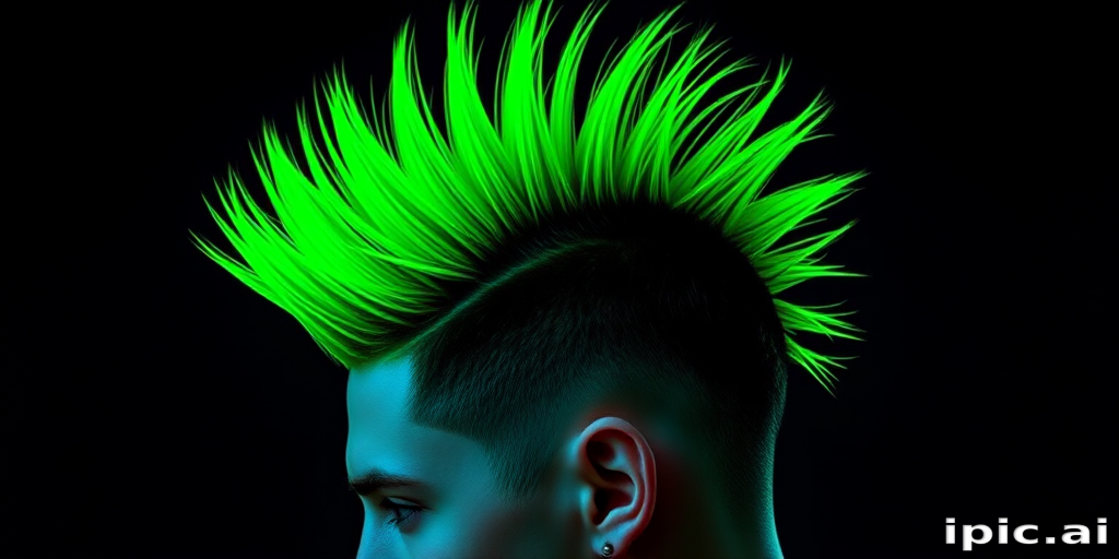 Edgy neon green mohawk christened "Toxic Surge" standing tall with razor-sharp edges, fading into darker emerald roots and accented with UV-reactive hair dye