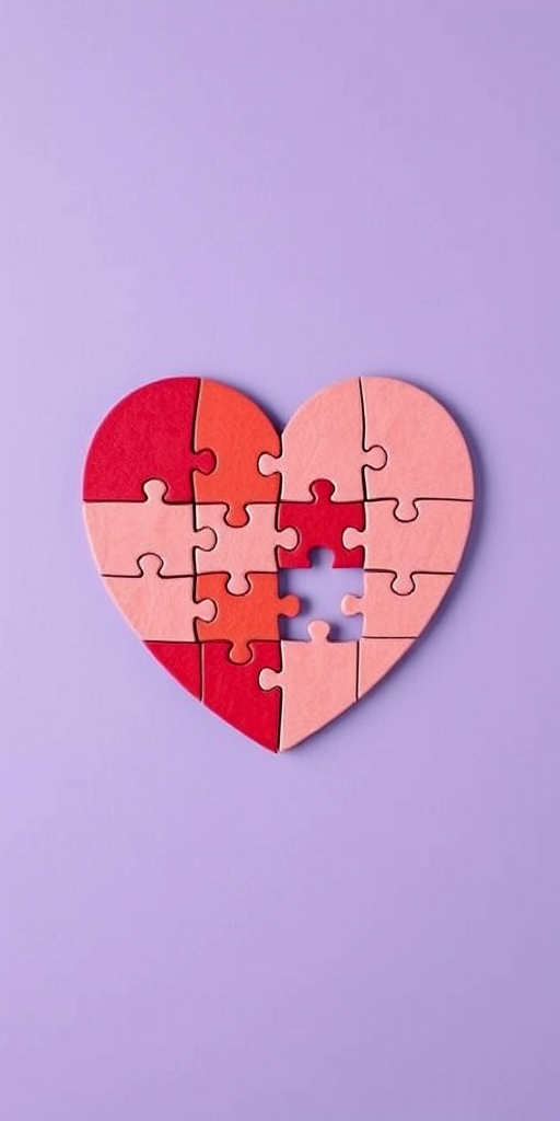 Create a vibrant image of a heart-shaped puzzle with a few pieces missing, using a soft purple background, shot with a Canon EOS R5 at f/2.8, ISO 100, 50mm lens, top-down view, flat lay style for enhanced detail and clarity.