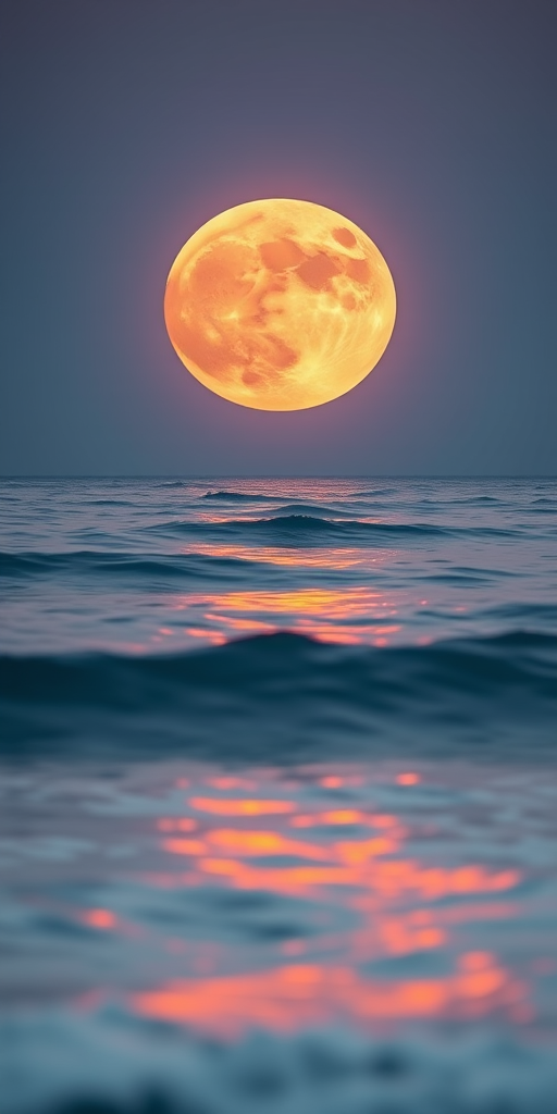 Capture a serene seascape at dusk featuring a large, vibrant full moon reflecting on calm ocean waves, shot with a Canon EOS R5, 85mm lens, aperture f/4, ISO 200, 1/200 seconds, landscape orientation, soft focus on the foreground waves for a dreamy effect.