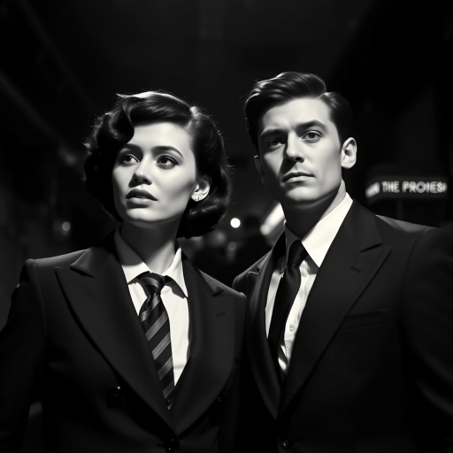 Black-and-white photograph, couple, tailored suits, retro hairstyles, film noir style, Tilt the camera for a dynamic Dutch angle using a versatile 24-70mm lens