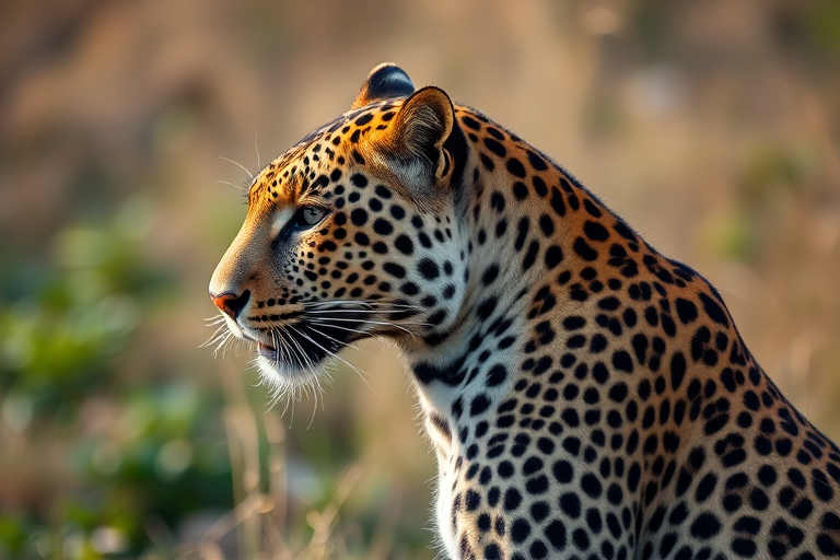 Regenerate an image of a leopard in the wild, side profile, with natural lighting, using a DSLR camera, f/2.8 aperture, 1/200s shutter speed, ISO 200, 85mm lens, soft focus background.