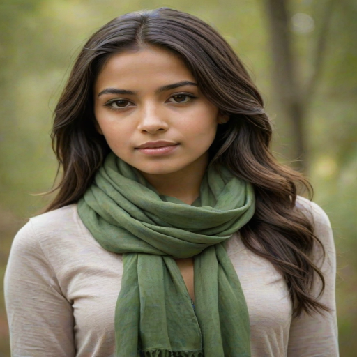 Create a portrait of a young Latino woman with long, dark hair and captivating hazel eyes. She is wearing a green headscarf and a matching scarf draped gracefully around her neck. The background is softly blurred, focusing attention on her serene and natural expression. The overall color palette is muted and warm, enhancing the intimate and authentic feel of the portrait.
