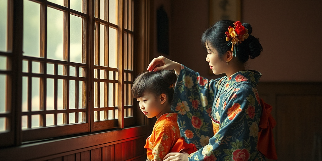 A vintage scene of a woman in a kimono gently brushing the hair of a girl seated by a window, with vibrant, colorful artwork style, taken with a DSLR camera, 50mm lens, f/1.8 aperture, ISO 100, natural lighting, soft focus effect.