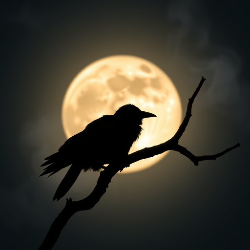 Capture a silhouette of a crow perched on a twisted branch against a large, glowing full moon with swirling smoke effects, using a Canon EOS 5D Mark IV, 50mm lens, aperture f/1.8, ISO 100, and a low angle view for dramatic effect.