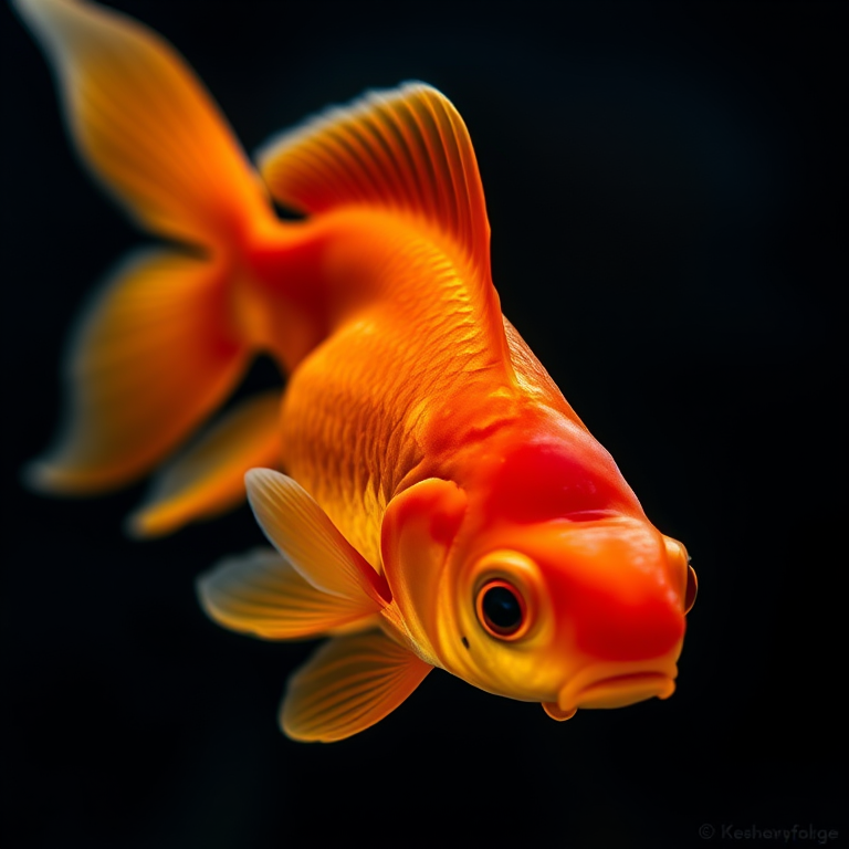 A close-up shot of a vibrant goldfish swimming gracefully in dark water, captured with a Canon EOS R5, 100mm f/2.8 macro lens, 1/200 sec exposure, f/5.6 aperture, ISO 200, using a soft focus technique to enhance details and textures against a blurred background.