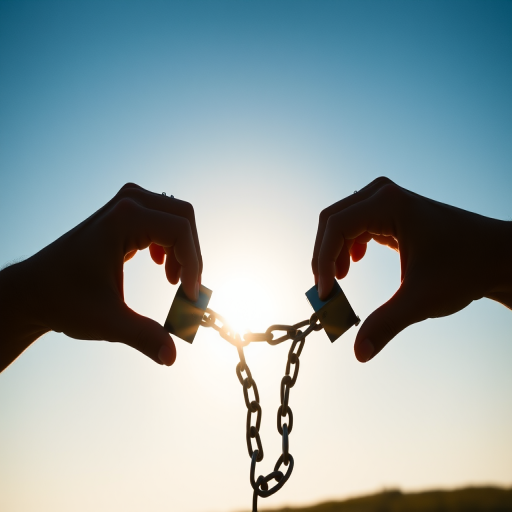 create a silhouette of two hands breaking free from handcuffs against a bright sun in a blue sky, shot with a DSLR camera at f/8 aperture, 1/2000 sec shutter speed, ISO 100, wide angle view to capture the drama of liberation