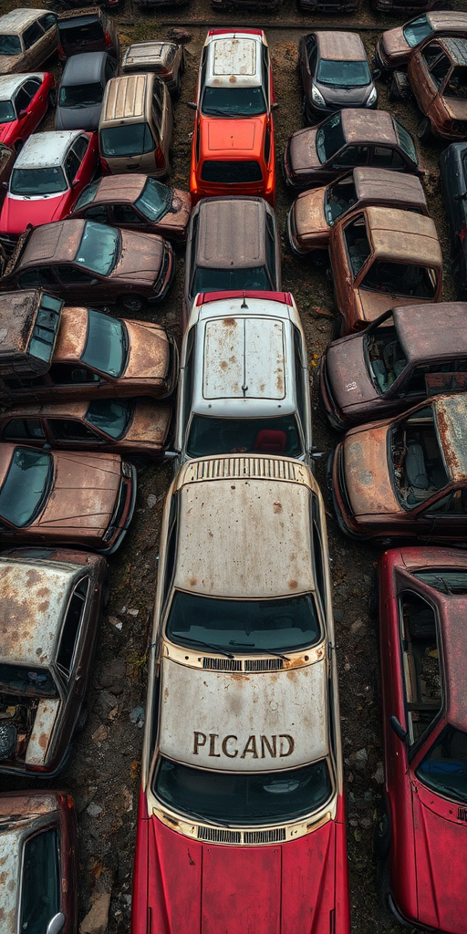 abandoned car junkyard filled with rusted vehicles, overcast lighting, wide-angle lens, f/8 aperture, ISO 200, 1/125 sec shutter speed, aerial view, DSLR camera