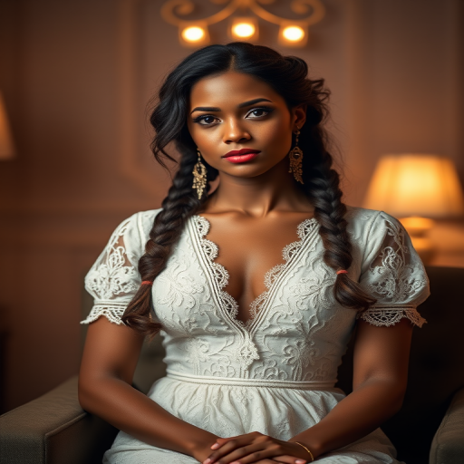 Create a portrait of a refined and elegant woman seated in a sophisticated setting. She has long, wavy hair styled in two thick braids that are pulled over her shoulders. She wears a white, lace gown with intricate patterns, featuring a deep V-neckline and short sleeves. The dress exudes a vintage charm with its delicate lacework. She is adorned with ornate, dangling earrings that add a touch of glamour to her appearance. The background is softly lit, with warm, ambient lighting that creates a cozy and inviting atmosphere. Her expression is poised and serene, capturing a sense of grace and elegance.