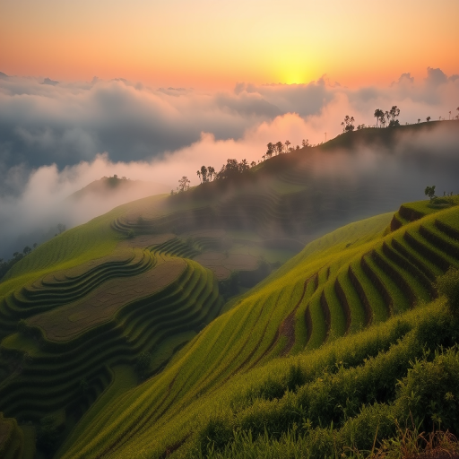 landscape of terraced rice fields shrouded in mist, captured at sunrise, using a full-frame DSLR camera with a 50mm lens, aperture f/8, ISO 200, shutter speed 1/250s, taken from a high vantage point for a sweeping view, in a vibrant and richly detailed style.