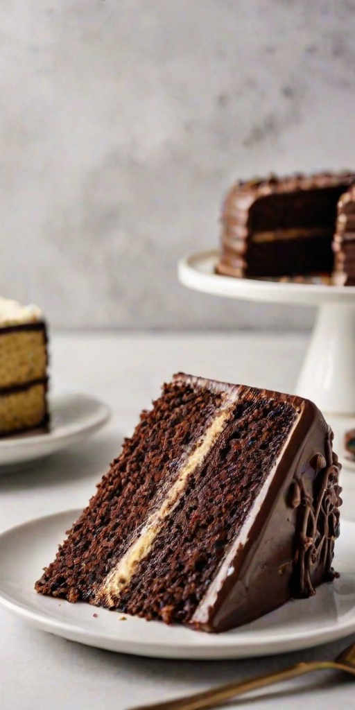 Create an image of a slice of layered chocolate cake on a white plate, showcasing distinct layers of chocolate cake, cream, and frosting. The cake should have a rich, dark chocolate color with a glossy frosting on top. Include a gold fork beside the plate and a blurred background of additional cake slices on white plates. The setting should feel inviting and appetizing, emphasizing the texture and layers of the cake.
