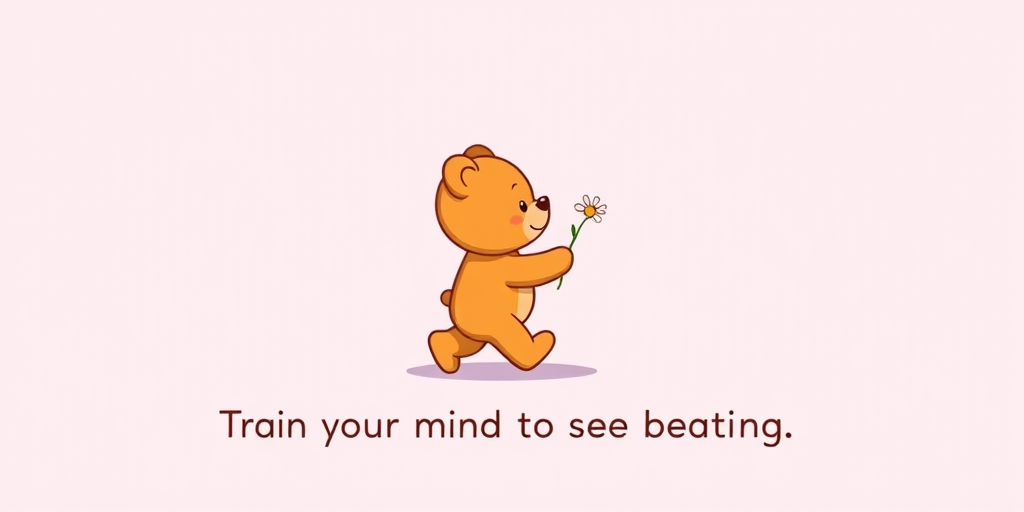 A cute, cartoonish illustration on a soft lavender background. In the center is a small, adorable teddy bear with orange-brown fur, in the profile and walking. The bear is holding a single, simple-drawn daisy flower. Below the image is text that reads: "Train your mind to see beauty in everything." The overall style is minimalist and whimsical, with a gentle, comforting aesthetic that conveys innocence and positivity.