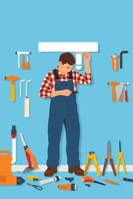Generate a vector illustration of a person in work overalls fixing plumbing under a sink, surrounded by tools like a saw, hammer, pliers, and screwdrivers, using a flat design style, with a clean blue background, captured with a high-resolution digital camera at f/8 aperture, 1/250 shutter speed, ISO 100, medium close-up view for enhanced detail and clarity.