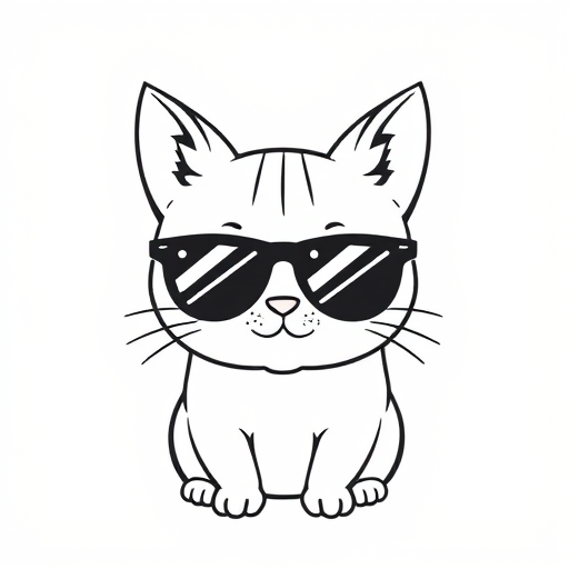 Create a simple line drawing of a cute cat wearing sunglasses with a small smile on a textured white background.