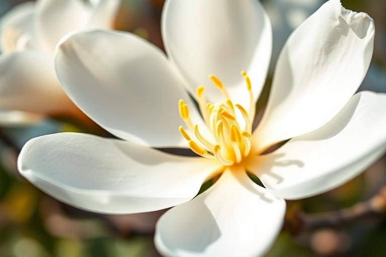 magnolia flower in full bloom with delicate white petals and vibrant yellow stamen, soft natural lighting, shallow depth of field, camera settings: f/2.8, ISO 100, shutter speed 1/200, captured with a DSLR camera, macro lens, viewed from slightly above for an artistic perspective