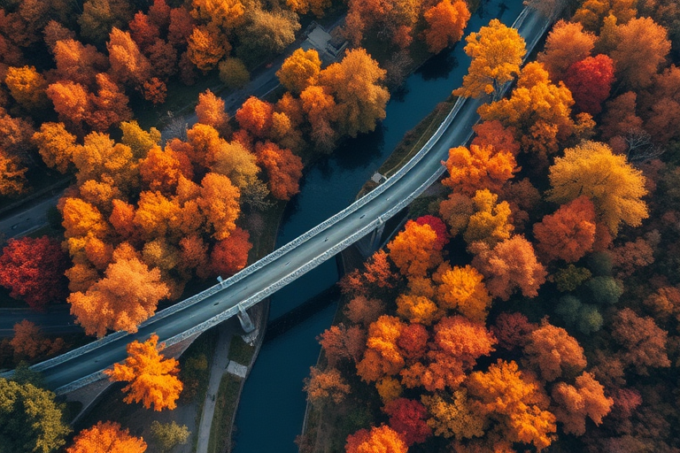 aerial view of a winding bridge surrounded by autumn trees in vibrant orange hues, shot with a Canon EOS R5 at f/8, 1/250s, ISO 100, using a wide-angle lens, soft natural lighting to enhance colors and details