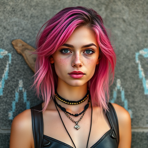 Portrait of a young woman with colorful pink hair and freckles, wearing a leather top and layered necklaces, against a textured background, captured with a Canon EOS R6 at f/1.8, ISO 100, 50mm lens, natural lighting for a soft yet vibrant effect, shallow depth of field to emphasize the subject.