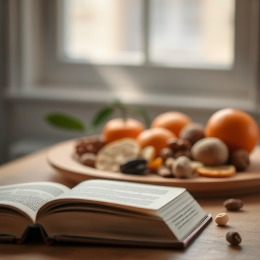 still life composition featuring a book in the foreground with a blurred background of a wooden platter filled with oranges and assorted nuts, natural light from a window creating soft shadows, aperture f/2.8, ISO 200, shutter speed 1/60s, 50mm lens, DSLR camera, warm color tone