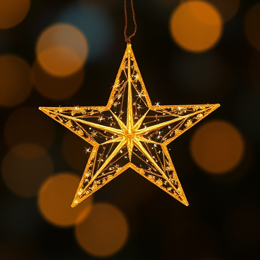 Create a high-resolution image of a sparkling gold star, using a DSLR camera with a 50mm lens at f/2.8, ISO 100, and a shallow depth of field, capturing the star against a blurred background for enhanced focus.