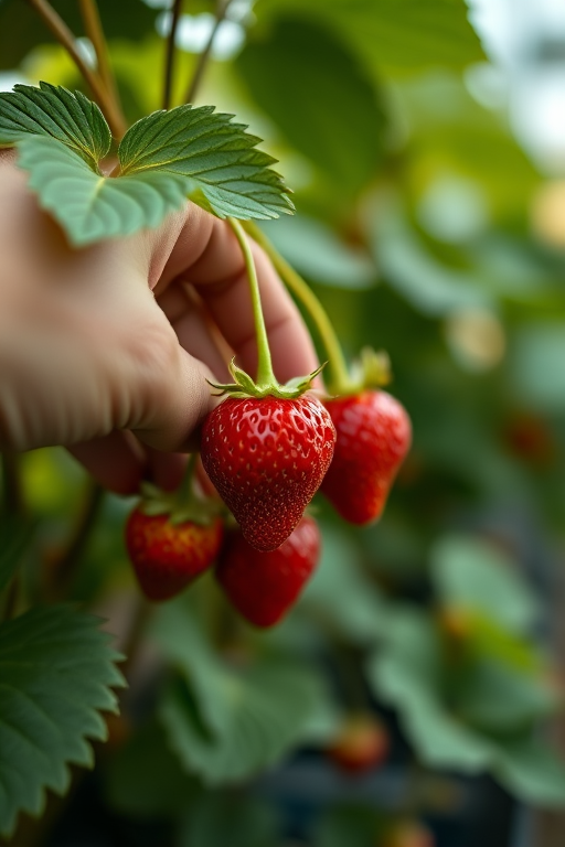 close-up of a hand reaching for ripe strawberries on a plant with a blurred background, aperture f/2.8, shutter speed 1/200 sec, ISO 100, 50mm lens, soft natural lighting, DSLR camera
