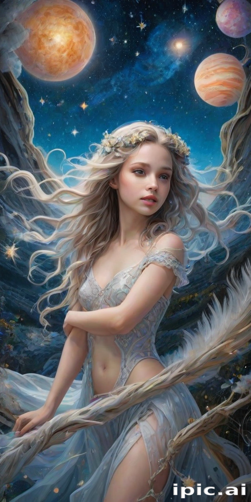 Create a series of imaginative portraits where each subject is infused with elements of fantasy and nature. The hair of the individuals should flow like clouds, varying from soft, fluffy cumulus to wispy cirrus strands, with hints of color reflecting a sunset or a clear blue sky. The eyes should be windows to entire galaxies, with stars, nebulae, and distant planets visible within them. Clothing should be adorned with nature motifs, such as floral patterns that bloom and change, vines that seem to grow and wrap around, or feathers that shimmer with iridescence. Each portrait should capture a unique personality, blending human features with the ethereal beauty of the natural and cosmic world. The backgrounds can vary, from starry night skies to enchanted forests, adding depth and context to the magical realism of the portraits