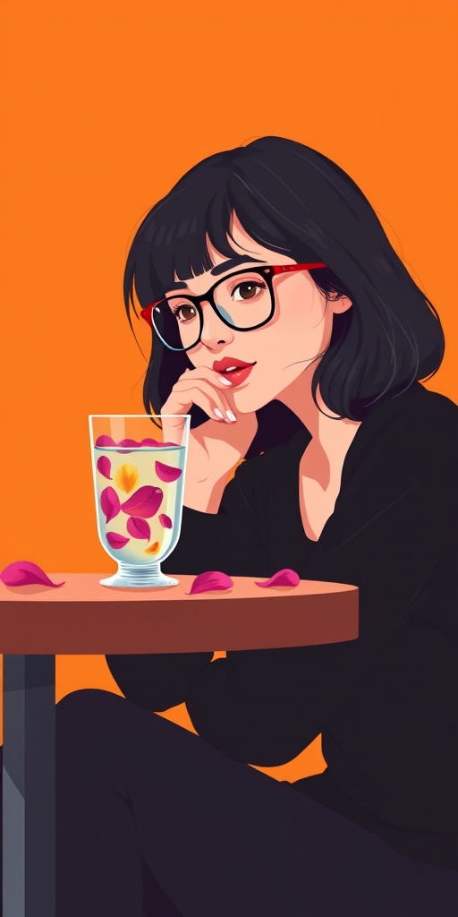 A digital illustration of a woman with glasses sitting at a table, thoughtfully gazing at colorful petals beside a glass of water, vibrant orange background, using a Canon EOS R5 with a 50mm lens, aperture set to f/1.8, shutter speed 1/125s, ISO 100, in a flat design style for enhanced clarity and color vibrancy.