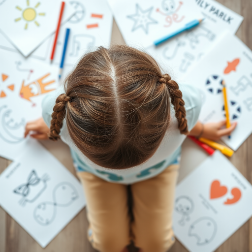 A top-down view of a child with brown hair in two braids, focused on drawing with papers scattered around showing various playful illustrations, soft daylight lighting, DSLR camera, f/2.8 aperture, ISO 200, 24mm lens, high resolution for clarity.