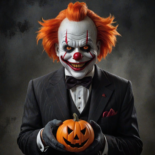 Illustrate a sinister clown with bright orange hair and a dark, menacing smile. The clown is holding a spooky jack-o'-lantern balloon and a carved pumpkin. Dress the clown in a formal suit with a large red bow tie to enhance the eerie Halloween ambiance. Aim for a chilling, unsettling style that captures the essence of Halloween horror.