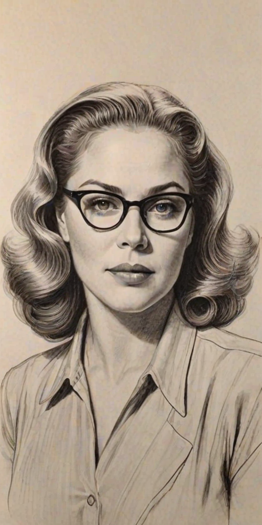 Fetching Kathleen Turner, pencil sketch, portrait of Sublime woman 1945s in glasses, hair style beatnik, outline, clear lines, fine lines, 8k