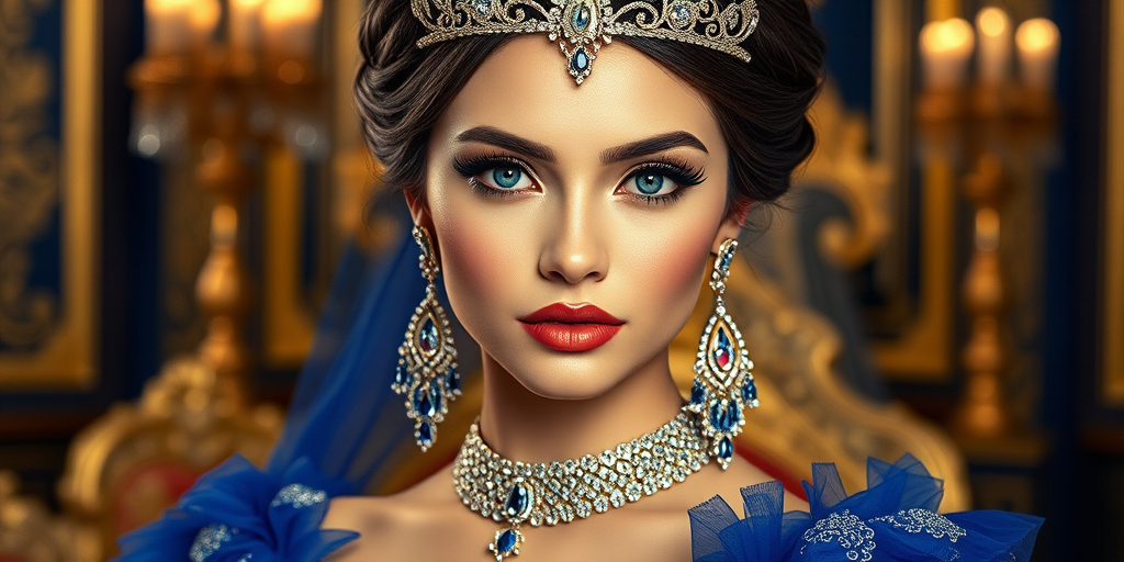 A gorgeous Kyrgyz woman in a luxurious blue gown, accessorized with a dazzling tiara and statement earrings, her deep blue eyes highlighted by impeccable makeup, poised in a royal setting, photorealistic, 8K quality