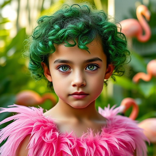Portrait of a young girl with vibrant green curly hair and striking green eyes, wearing a pink feathered outfit, positioned in a lush tropical setting with flamingos in the background, shot with a Canon EOS R5, 85mm lens, aperture f/1.8, ISO 100, natural light, shallow depth of field for a dreamy effect.