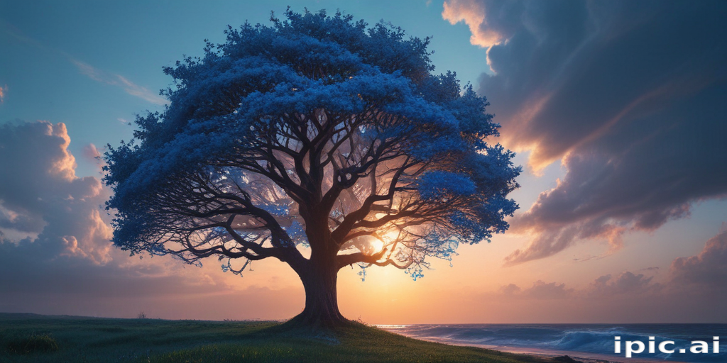 A Majestic Tree Silhouetted Against a Vibrant Sunset by the Ocean