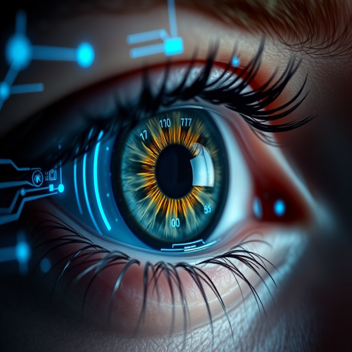 futuristic close-up of a human eye with digital interfaces and neon blue accents, macro lens, aperture f/2.8, ISO 200, 50mm lens, natural lighting, sharp focus, high dynamic range imaging