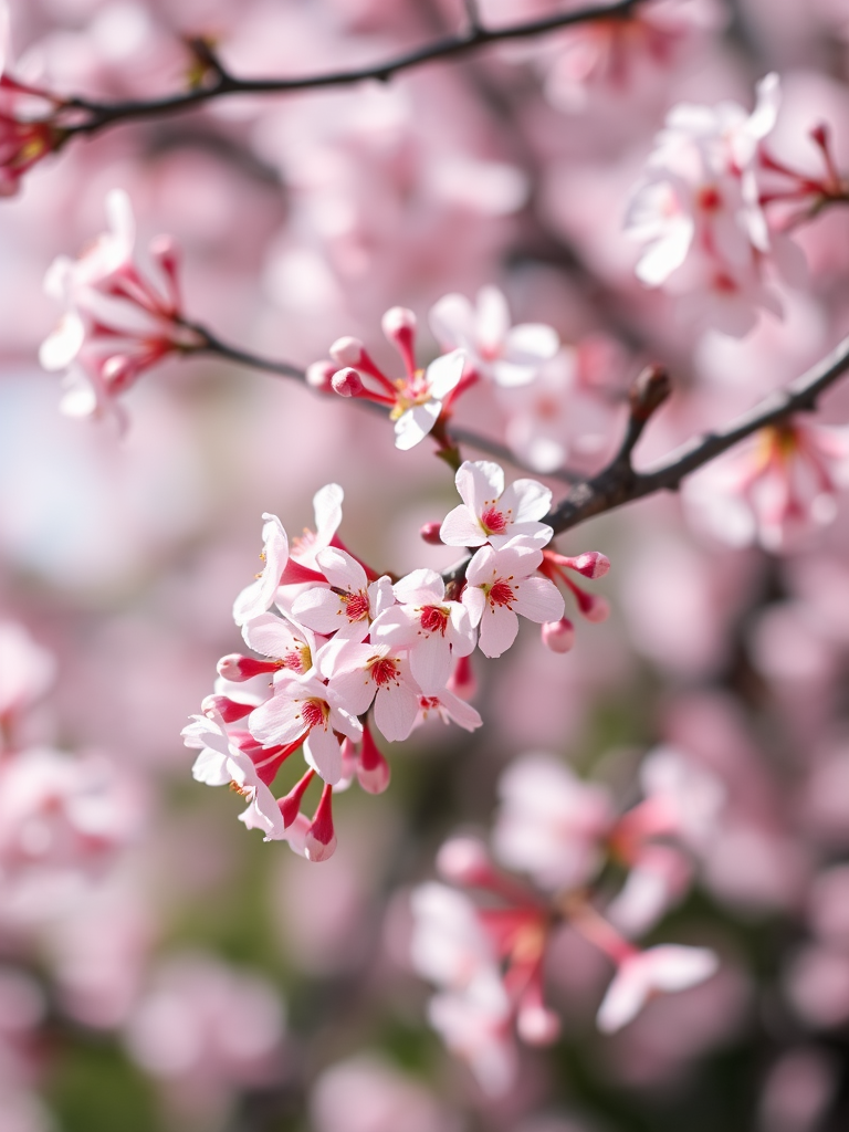 close-up of cherry blossom branches with soft pink flowers, blurred background, natural light, f/2.8 aperture, 50mm lens, shallow depth of field, DSLR camera