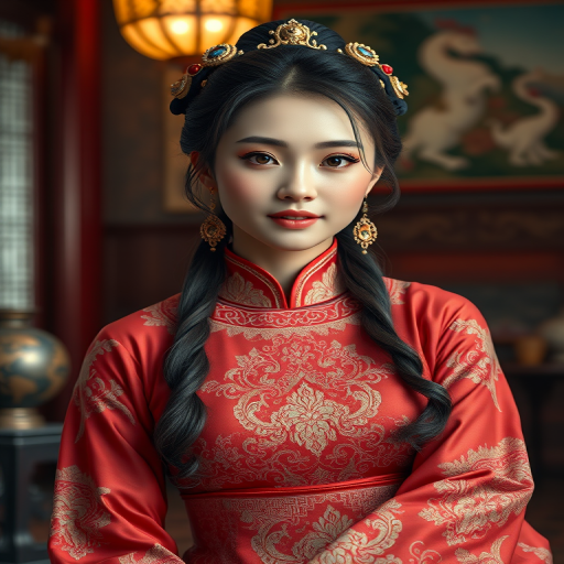 A beautiful woman in traditional East Asian attire, intricately detailed with embroidered patterns, sitting gracefully in a richly decorated room, soft ambient lighting, serene and elegant, ultra-realistic, 8K resolution